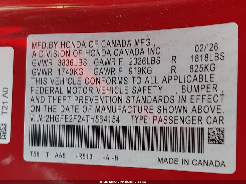 2026 HONDA CIVIC SEDAN 2.0L I-4 DI, DOHC, VVT, REGULAR , 150HP
