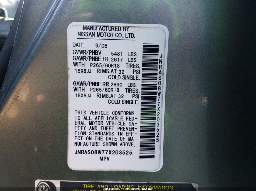 INFINITI FX35 2007 VIN JNRAS08W77X203525