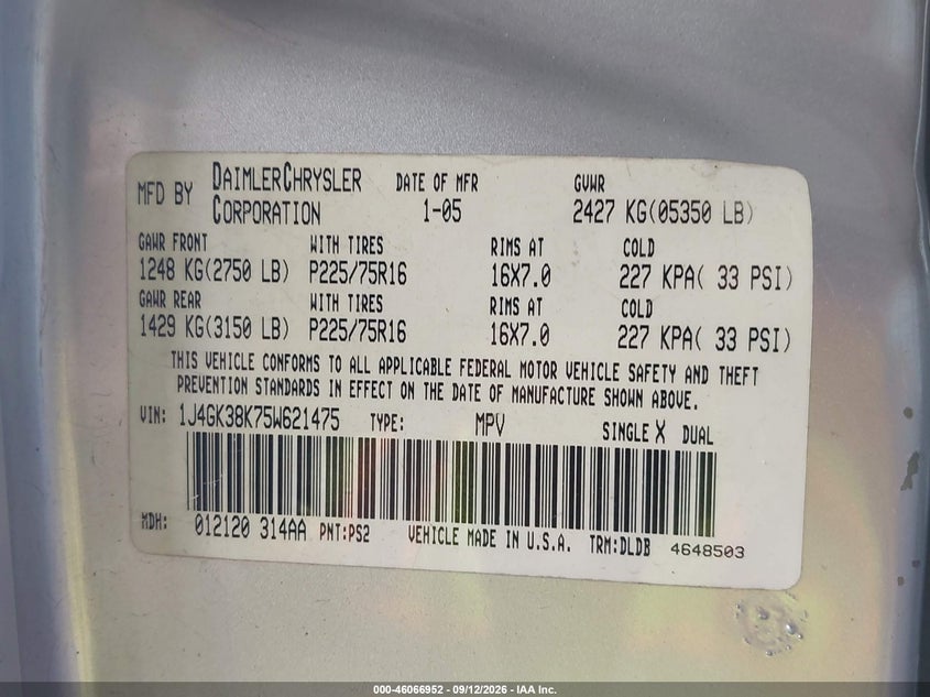 JEEP LIBERTY 2005 VIN 1J4GK38K75W621475