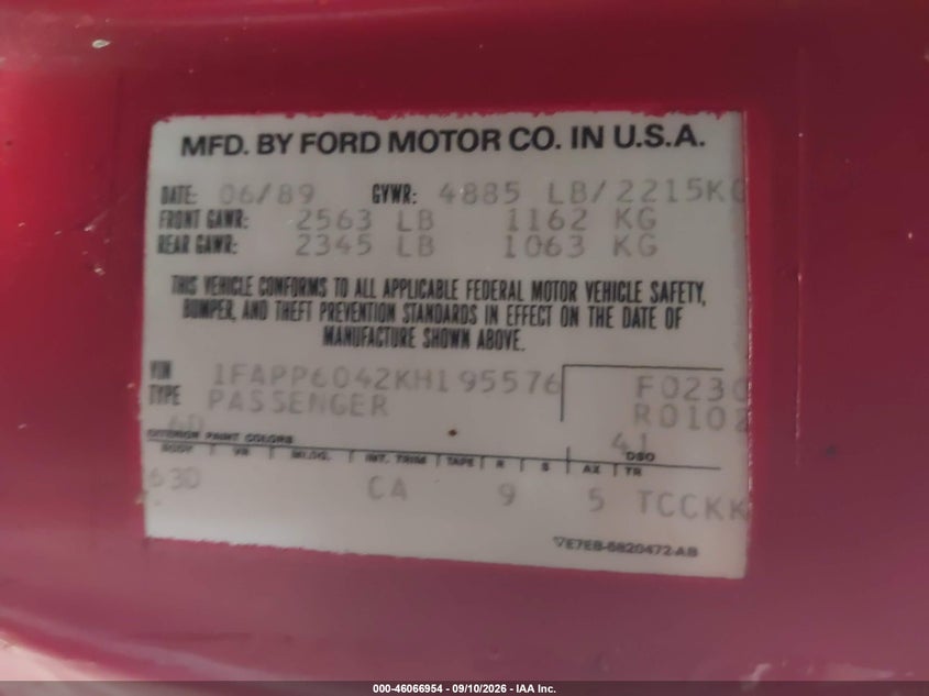 1989 FORD THUNDERBIRD auction photo 6