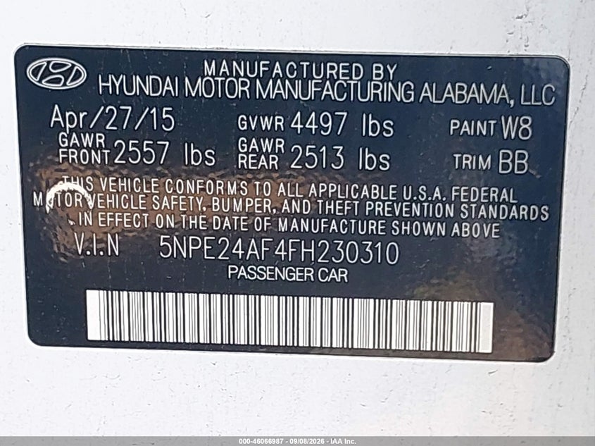 HYUNDAI SONATA 2015 VIN 5NPE24AF4FH230310