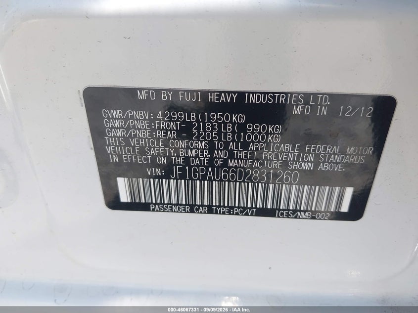 SUBARU IMPREZA 2013 VIN JF1GPAU66D2831260