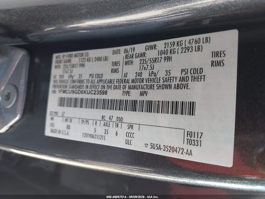 2019 FORD ESCAPE SPORT UTILITY VEHICLE 1.5L I-4 DI, DOHC, VVT, TURBO, REGULAR , 179HP