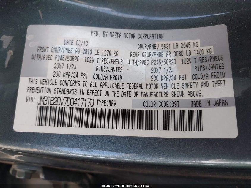 MAZDA CX-9 2013 VIN JM3TB2DV7D0417170