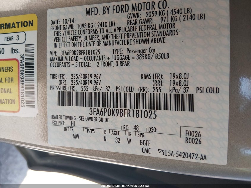 FORD FUSION 2015 VIN 3FA6P0K98FR181025