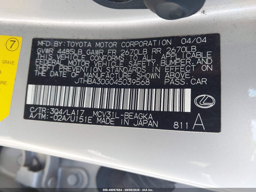LEXUS ES 330 2004 VIN JTHBA30G045039568