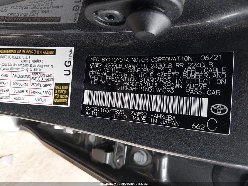 TOYOTA PRIUS PRIME 2022 VIN JTDKAMFP1N3198093