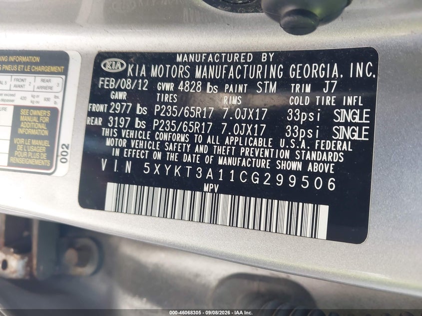KIA SORENTO 2012 VIN 5XYKT3A11CG299506