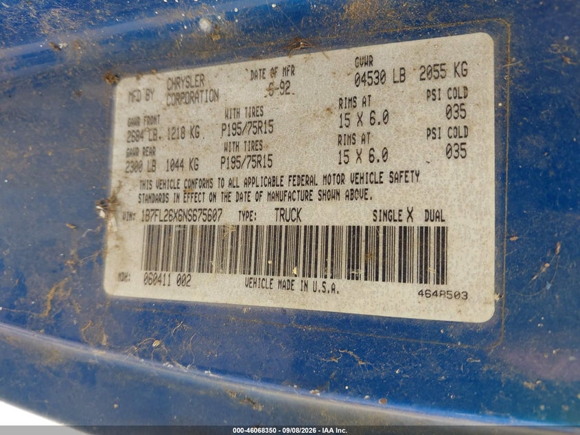 DODGE DAKOTA 1992 VIN 1B7FL26X6NS675607