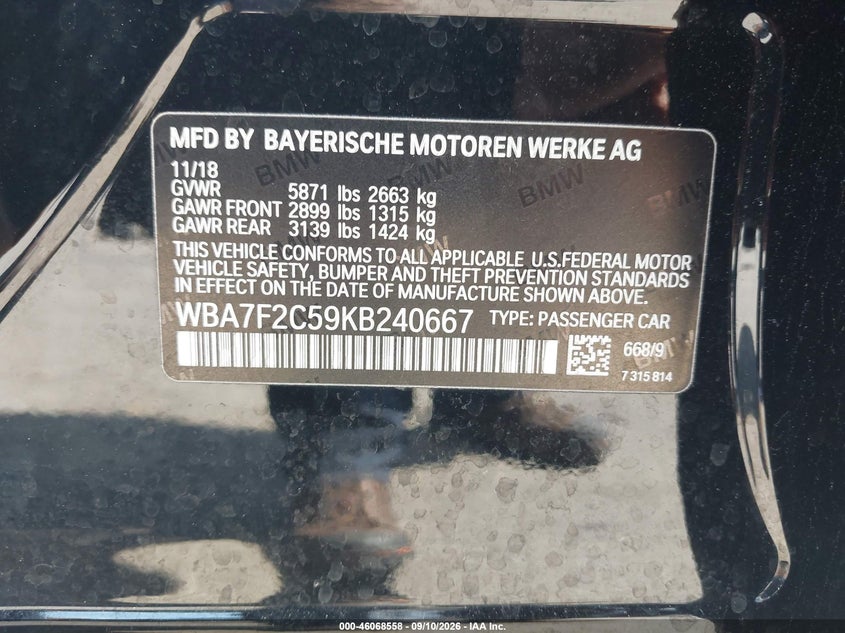 BMW 750I 2019 VIN WBA7F2C59KB240667