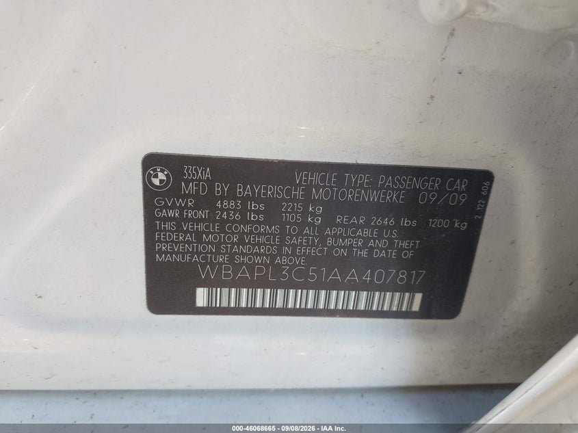 BMW 335I 2010 VIN WBAPL3C51AA407817