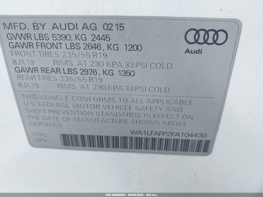 AUDI Q5 2015 VIN WA1LFAFP2FA104430