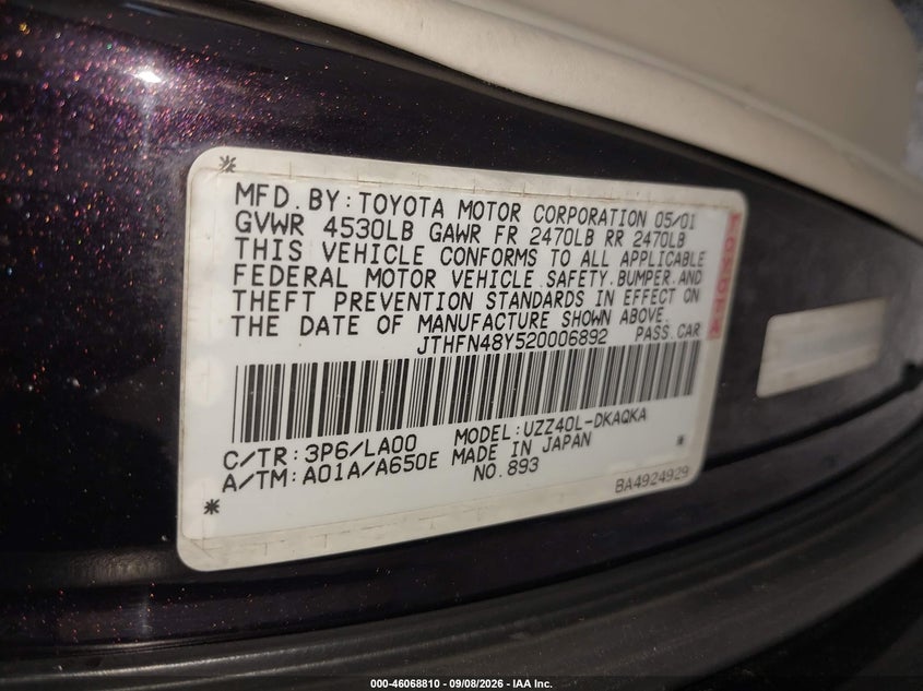 LEXUS SC 430 2002 VIN JTHFN48Y520006892
