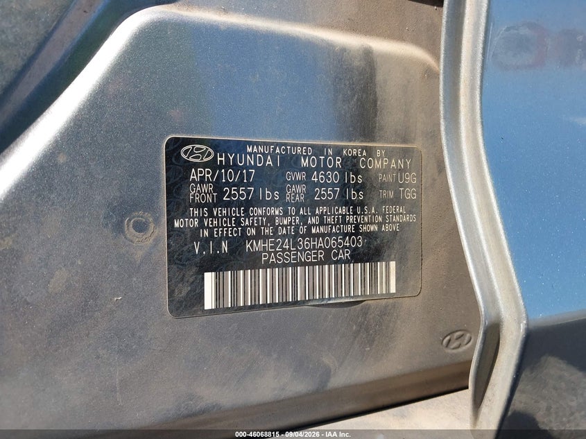 HYUNDAI SONATA HYBRID 2017 VIN KMHE24L36HA065403