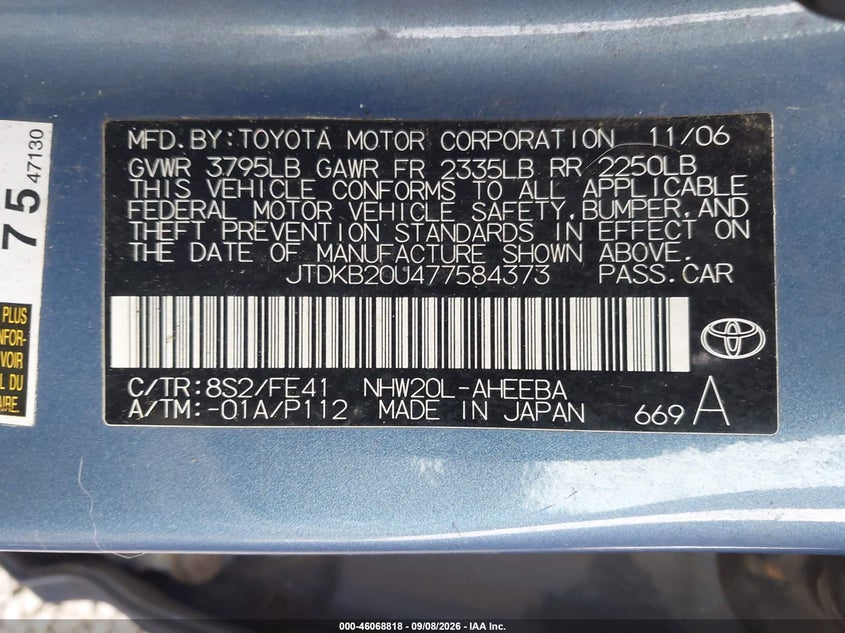 TOYOTA PRIUS 2007 VIN JTDKB20U477584373