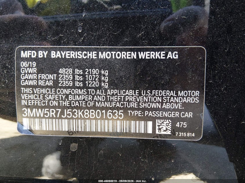 BMW 330I 2019 VIN 3MW5R7J53K8B01635