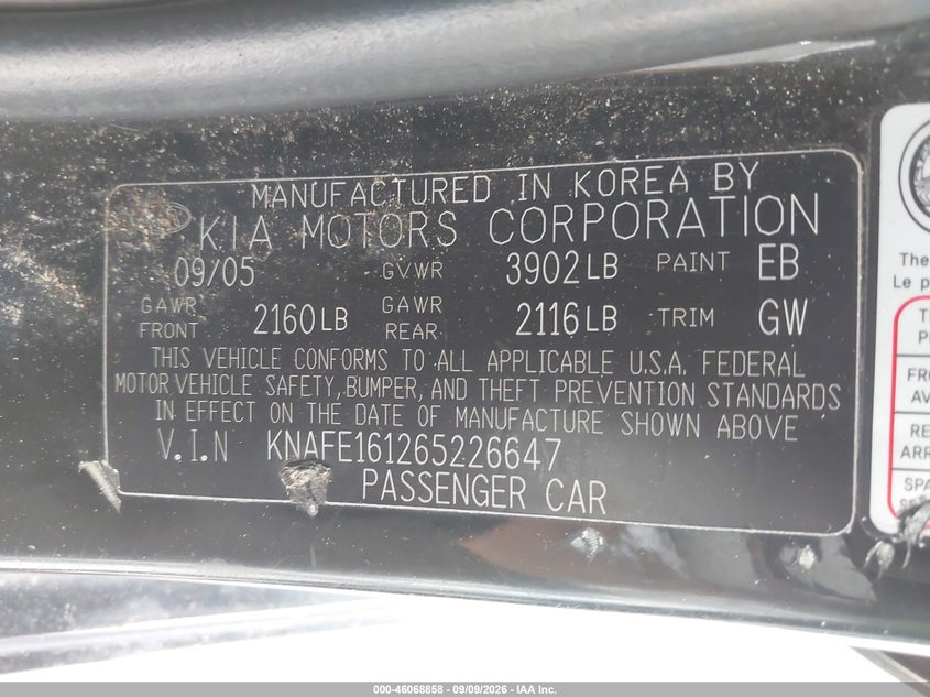 KIA SPECTRA5 2006 VIN KNAFE161265226647