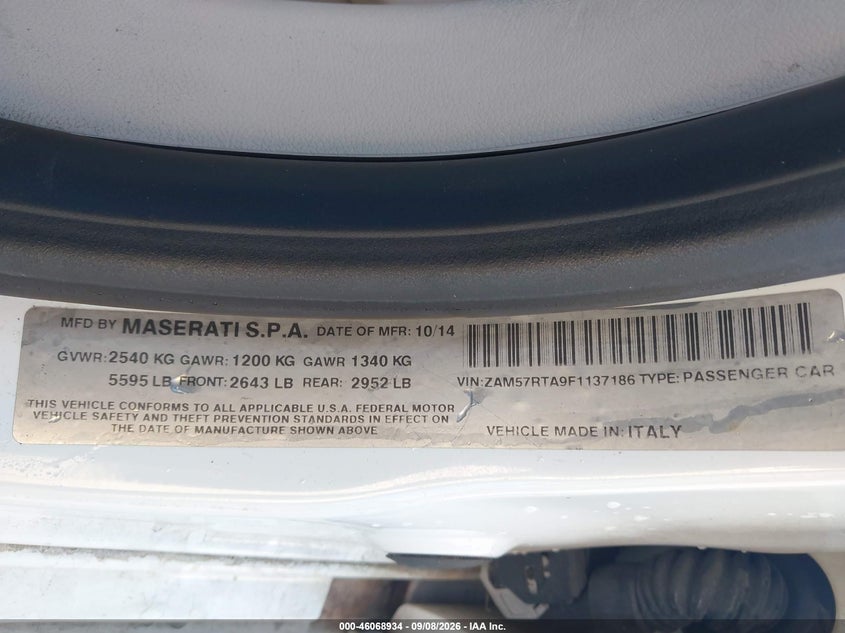 MASERATI GHIBLI 2015 VIN ZAM57RTA9F1137186