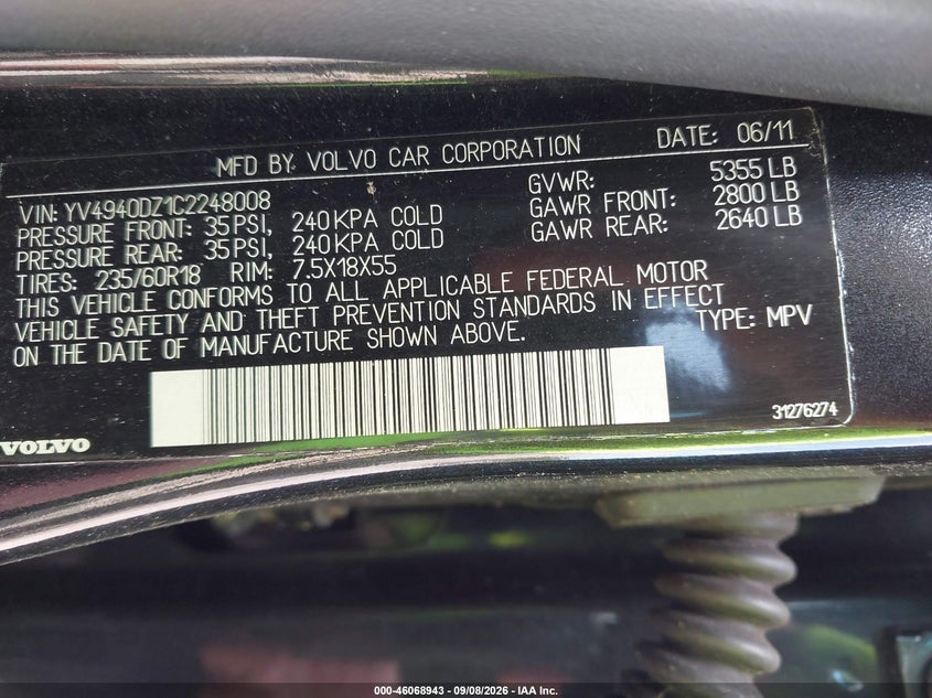 VOLVO XC60 2012 VIN YV4940DZ1C2248008