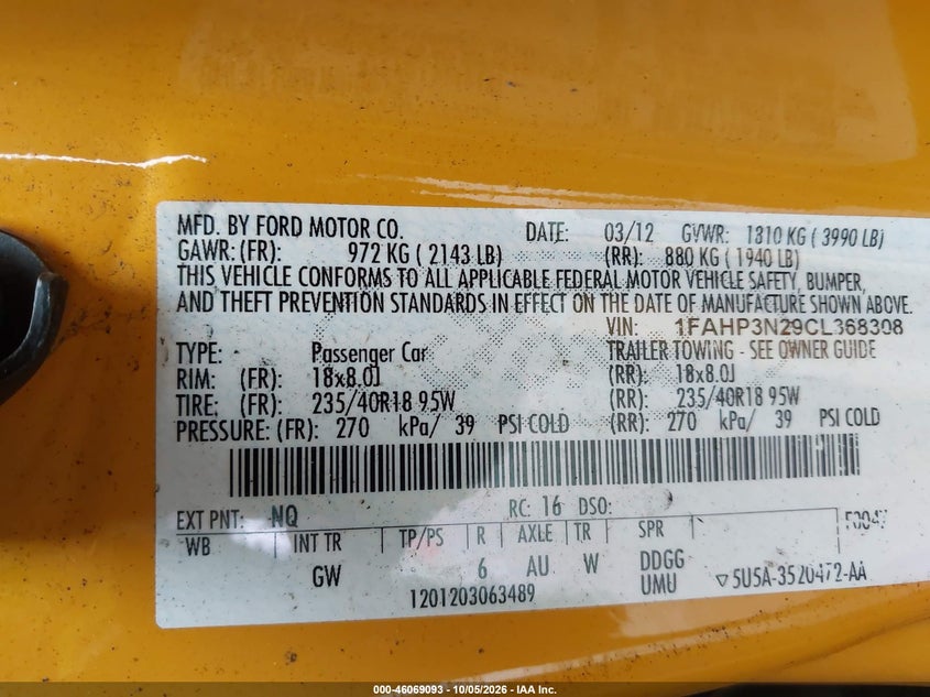 FORD FOCUS 2012 VIN 1FAHP3N29CL368308