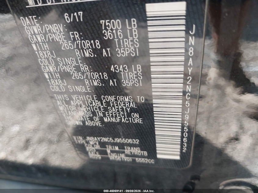 NISSAN ARMADA 2018 VIN JN8AY2NC5J9550632
