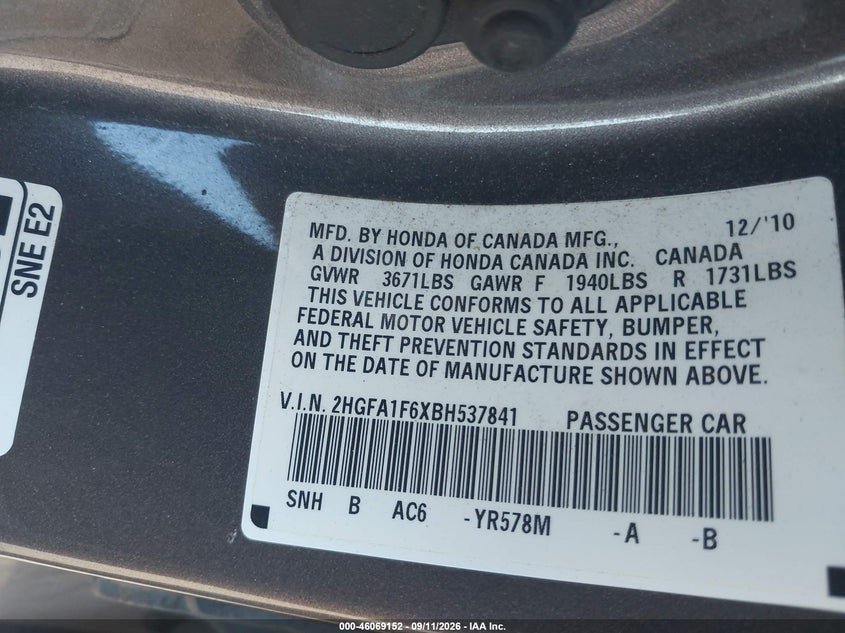 HONDA CIVIC 2011 VIN 2HGFA1F6XBH537841