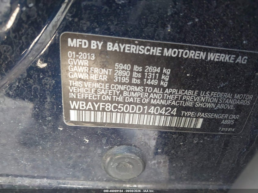BMW 750LI 2013 VIN WBAYF8C50DD140424
