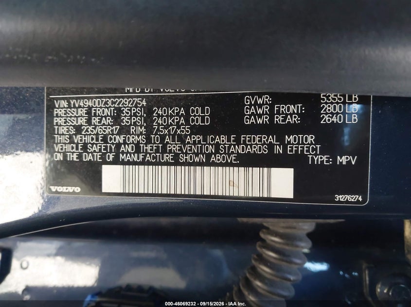 VOLVO XC60 2012 VIN YV4940DZ3C2292754