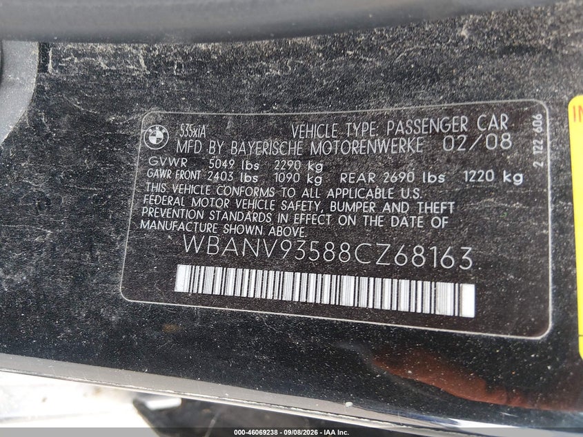 BMW 535XI 2008 VIN WBANV93588CZ68163