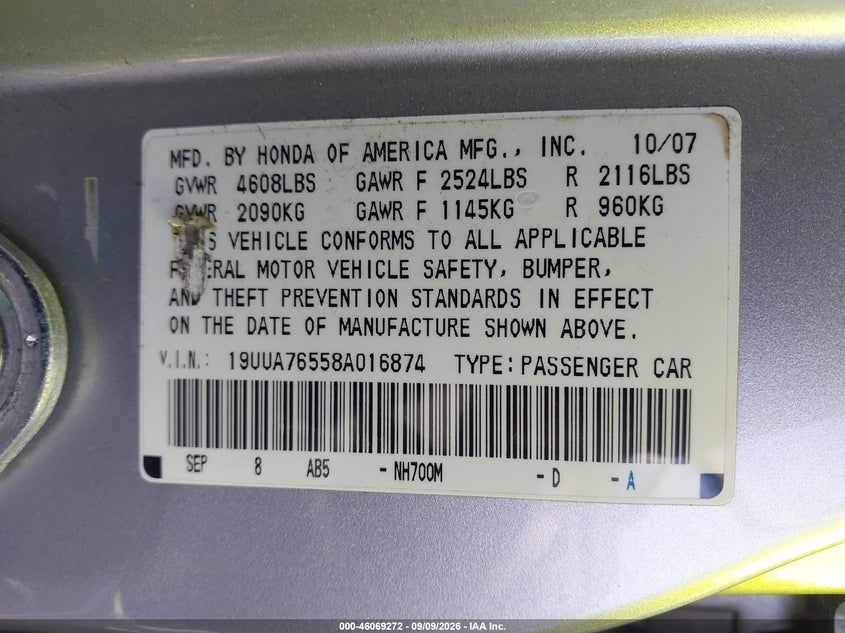 ACURA TL 2008 VIN 19UUA76558A016874