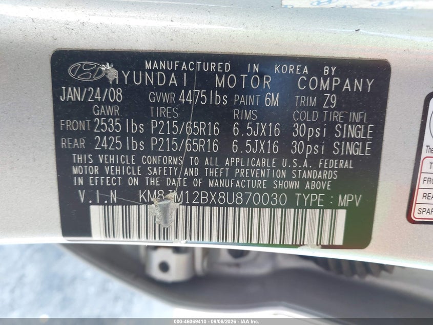 HYUNDAI TUCSON 2008 VIN KM8JM12BX8U870030