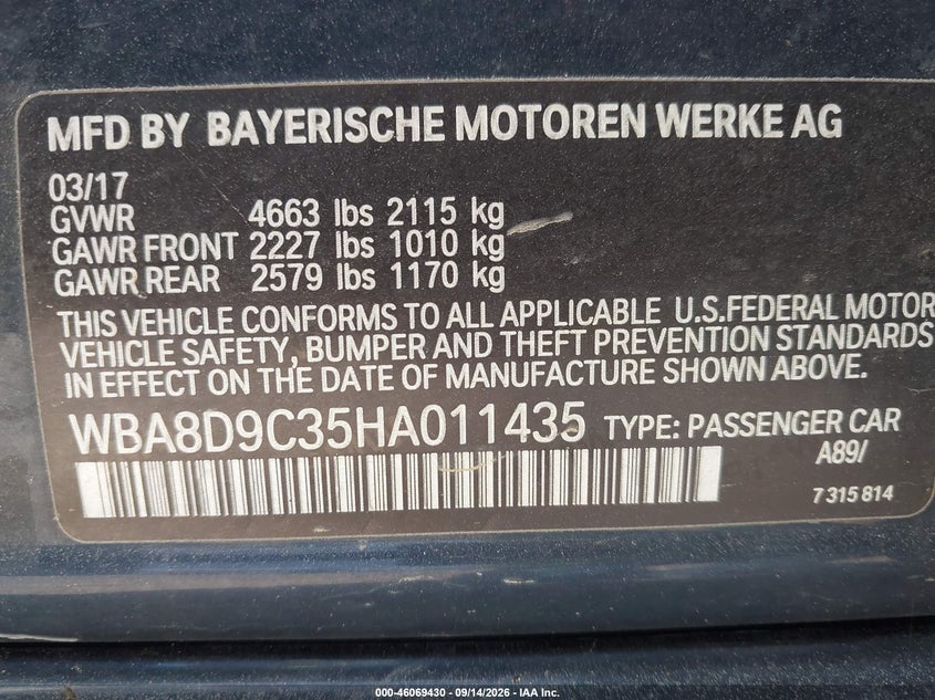 BMW 330I 2017 VIN WBA8D9C35HA011435