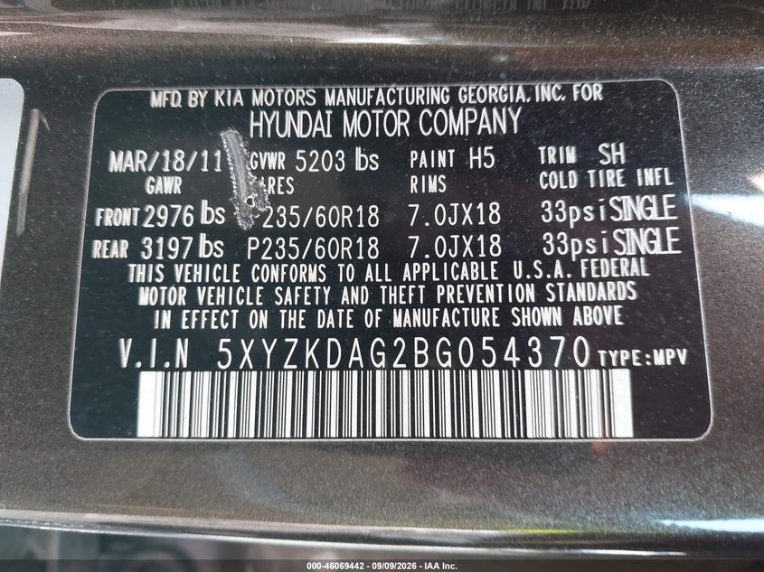 HYUNDAI SANTA FE 2011 VIN 5XYZKDAG2BG054370