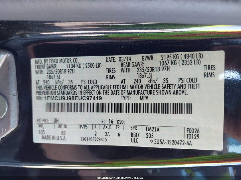 2014 FORD ESCAPE SPORT UTILITY VEHICLE 2.0L I4 FI DOHC 16V NF4