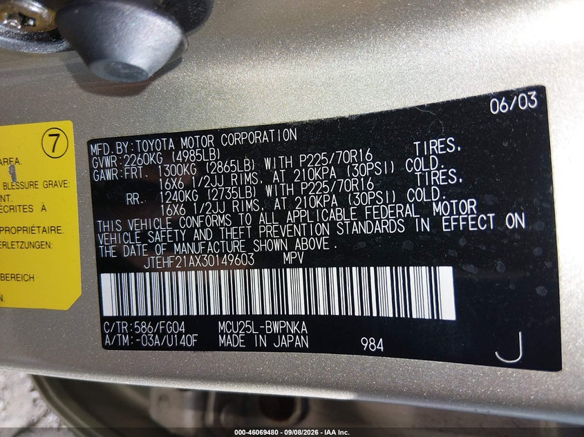 TOYOTA HIGHLANDER 2003 VIN JTEHF21AX30149603