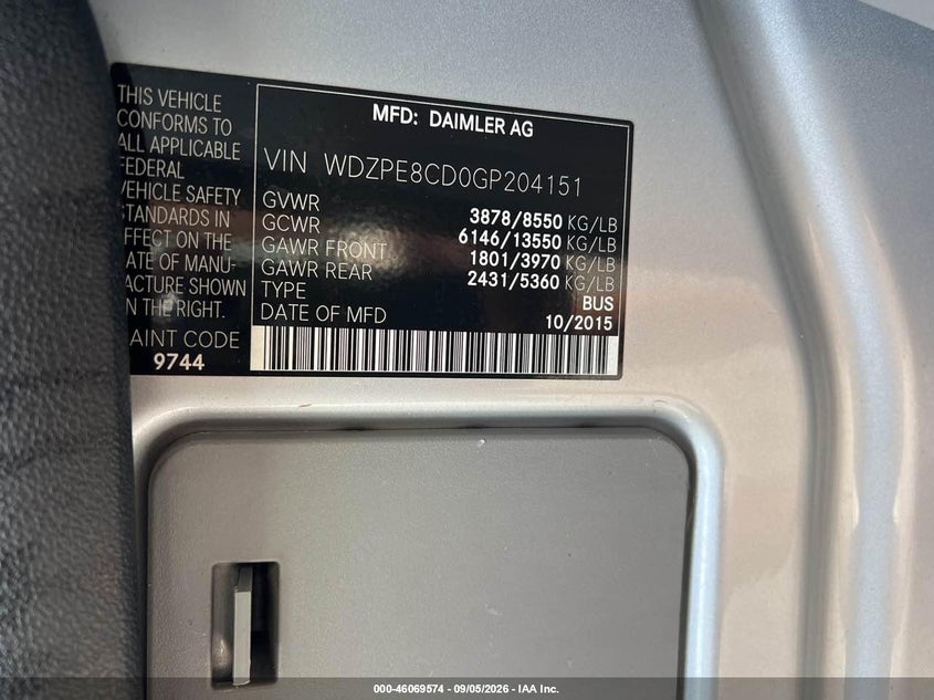 MERCEDES-BENZ SPRINTER 2500 2016 VIN WDZPE8CD0GP204151