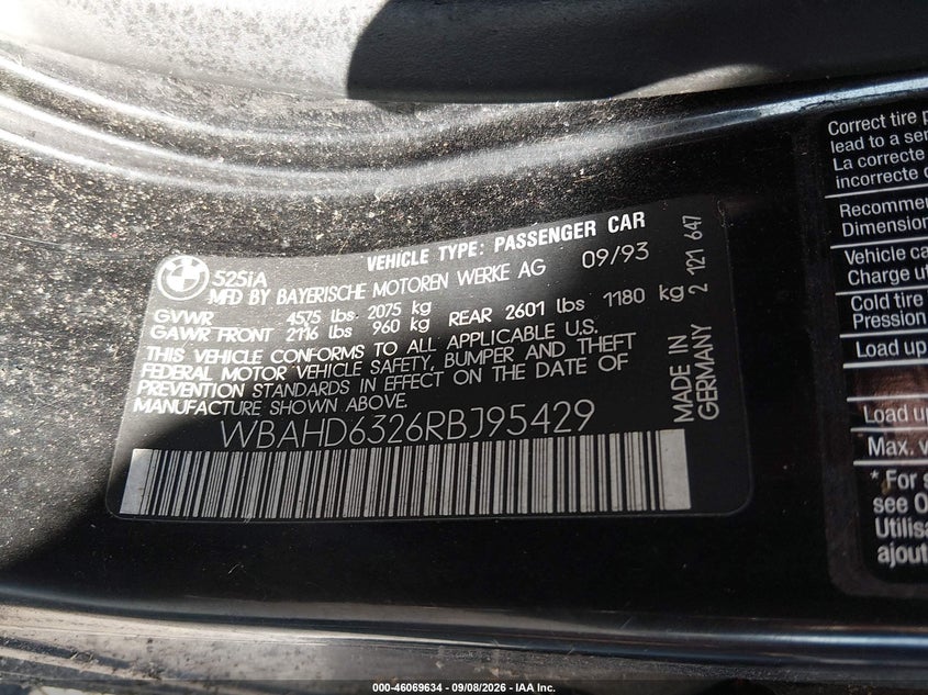 BMW 525 1994 VIN WBAHD6326RBJ95429