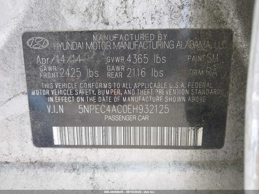 HYUNDAI SONATA 2014 VIN 5NPEC4AC0EH932125