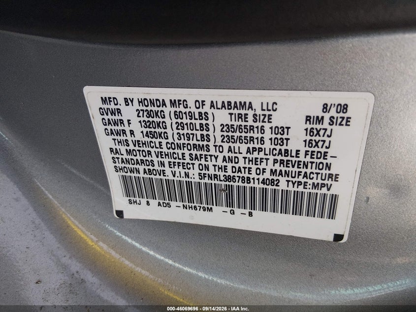 HONDA ODYSSEY 2008 VIN 5FNRL38678B114082