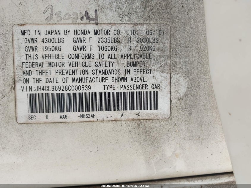 ACURA TSX 2008 VIN JH4CL96928C000539