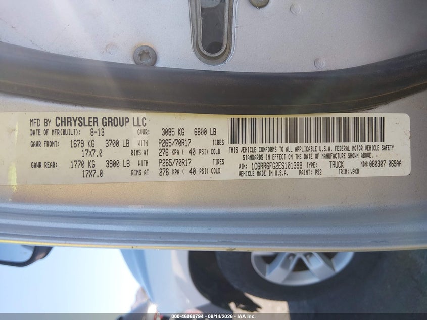RAM 1500 2014 VIN 1C6RR6FG2ES101399