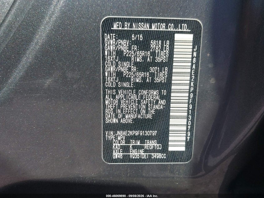 NISSAN QUEST 2015 VIN JN8AE2KP9F9130797