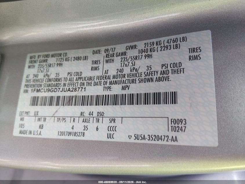 FORD ESCAPE 2018 VIN 1FMCU9GD7JUA28771