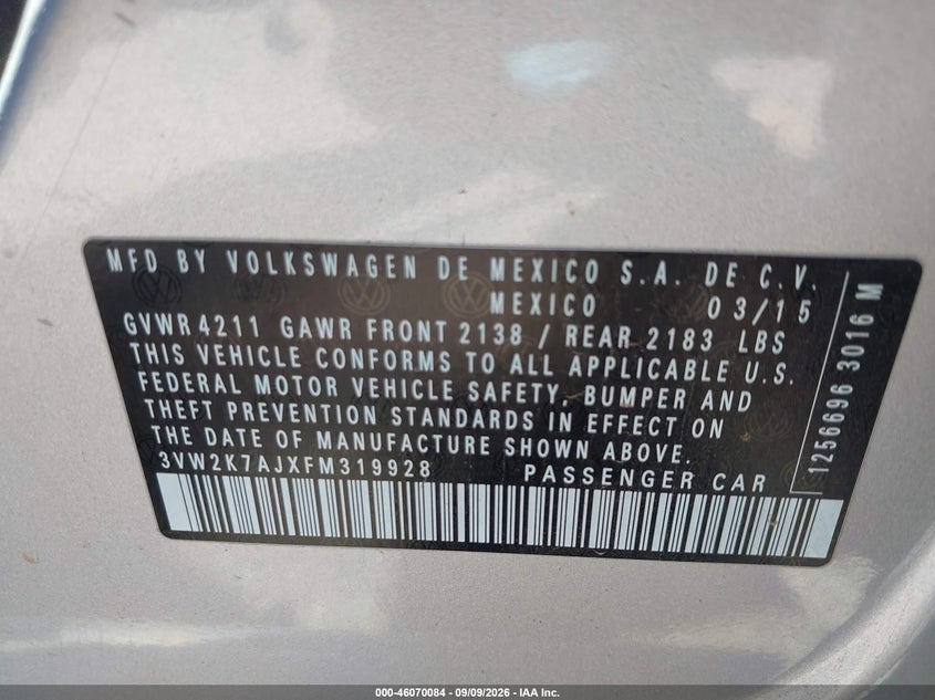 VOLKSWAGEN JETTA 2015 VIN 3VW2K7AJXFM319928