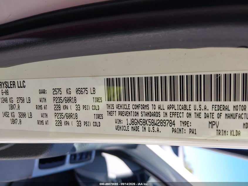 JEEP LIBERTY 2008 VIN 1J8GN58K58W289784
