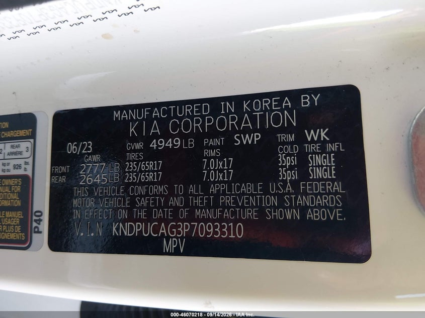 KIA SPORTAGE HYBRID 2023 VIN KNDPUCAG3P7093310