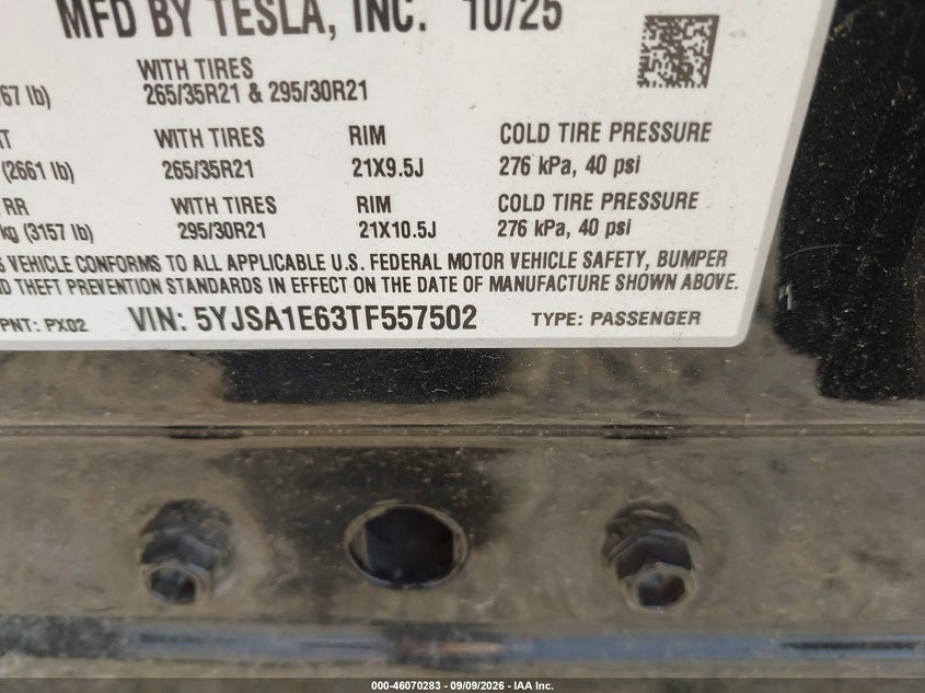 TESLA MODEL S 2026 VIN 5YJSA1E63TF557502