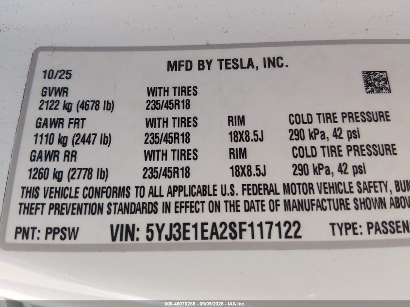 TESLA MODEL 3 2025 VIN 5YJ3E1EA2SF117122