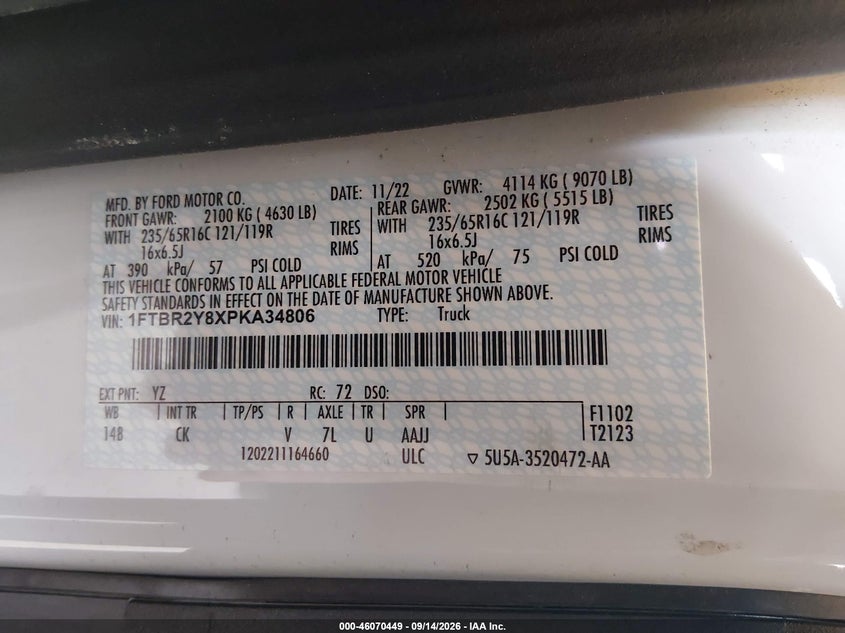 FORD TRANSIT 2023 VIN 1FTBR2Y8XPKA34806