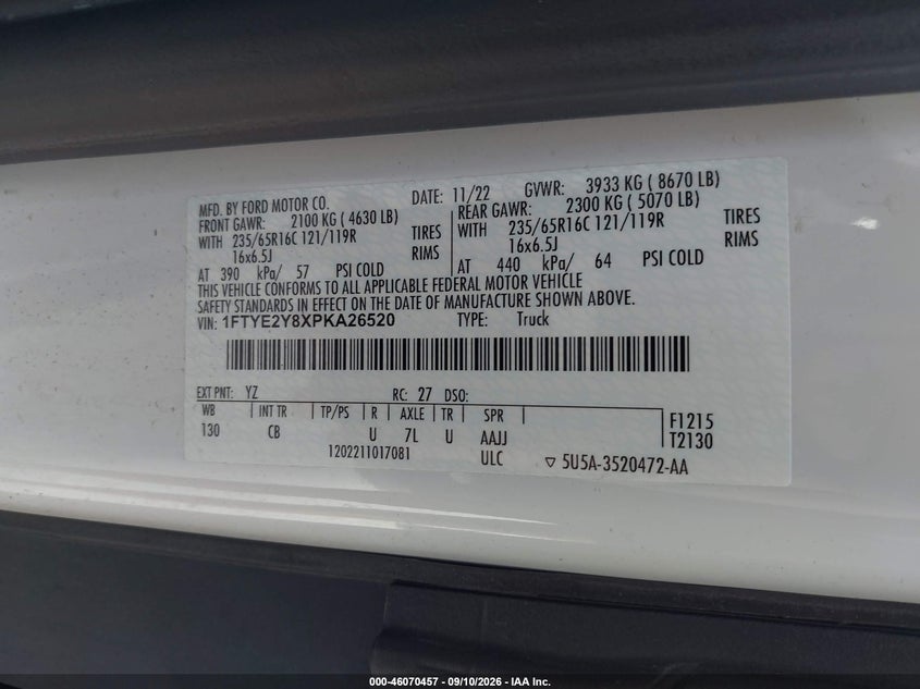 FORD TRANSIT-150 2023 VIN 1FTYE2Y8XPKA26520